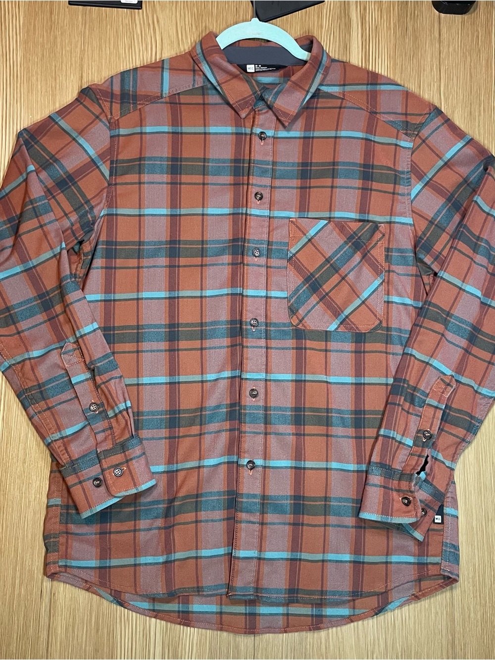 MEC Mens Plaid Long Sleeve Button Up Flannel Shirt Medium Rust Orange Teal